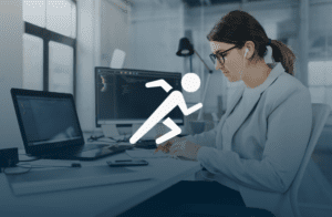 IT worker coding on multiple devices with person running icon