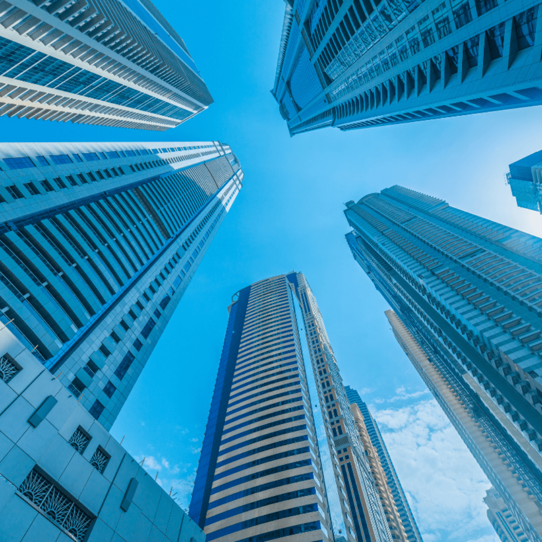 Looking Upward at Skyscapers and Sky