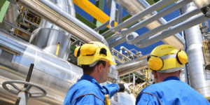 two men oil and gas inspecting pipelines blue jumpsuits yellow hard hats